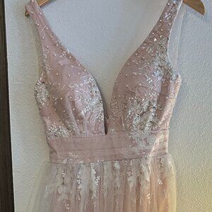 Pink V-Neck Embellished Tulle Gown (Eva & Lola) Size Small